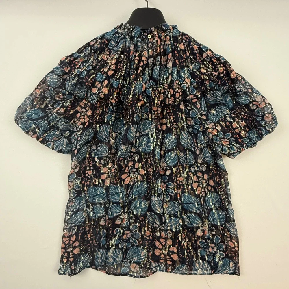 Ulla Johnson Silk Lurex Metallic Ruffle Puff Sleeve Blouse Blue Pink Gold 4